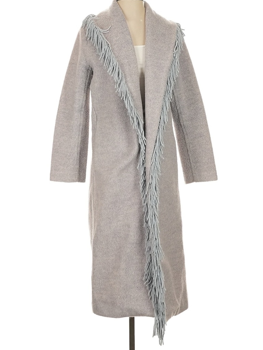 Line & Dot Light Gray Fringed Shawl Collar Pea Coat
